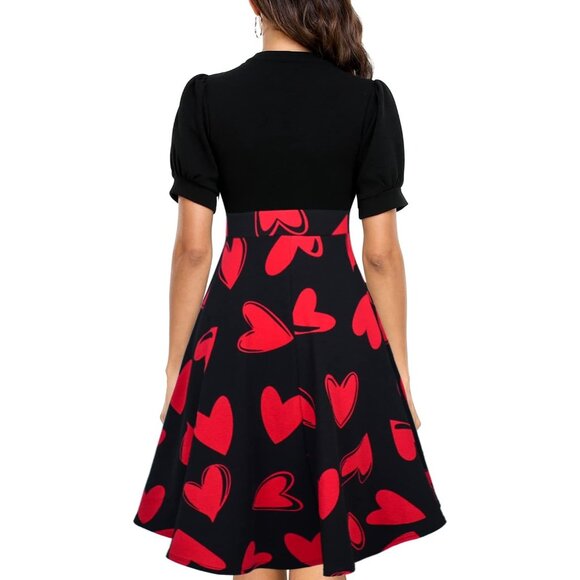 Women Valentines Short Puff Sleeve Flare Semi-Formal Summer Dress With Pockets - Picture 2 of 2